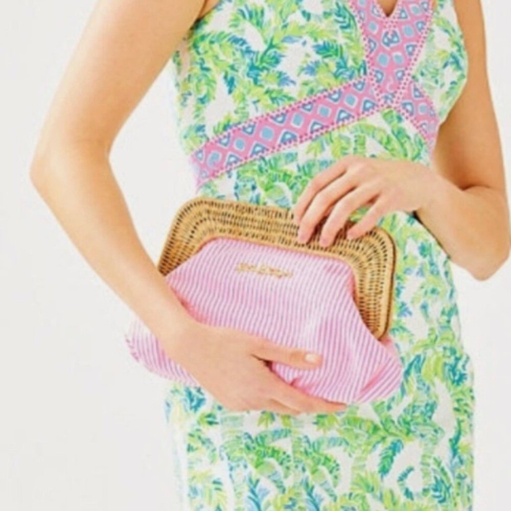 πNWTπ©·Lilly Pulitzer-Cayo Coco-Havana Pink-Wicker Clutch-Pink and white striped - Picture 2 of 6